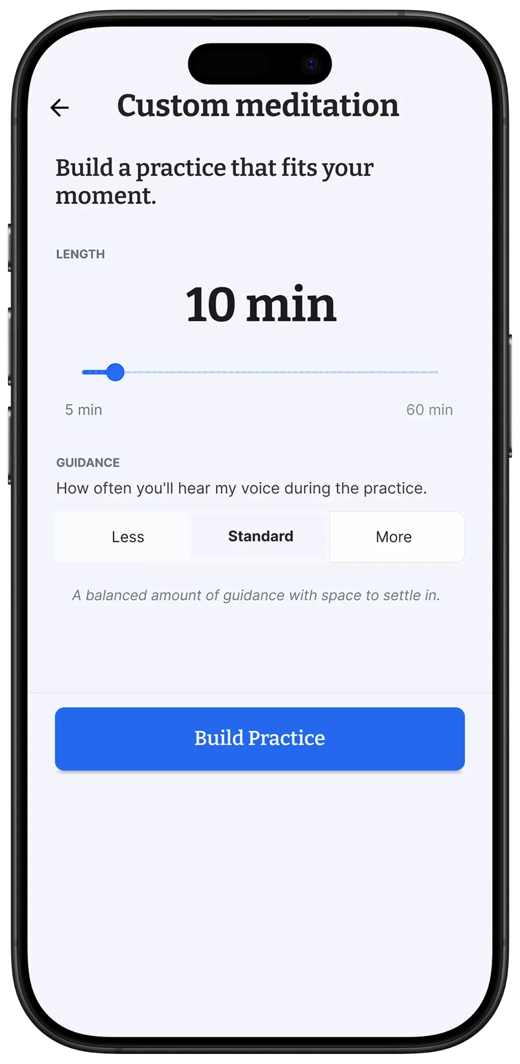 Phone showing the Custom Meditation builder in the DTM app