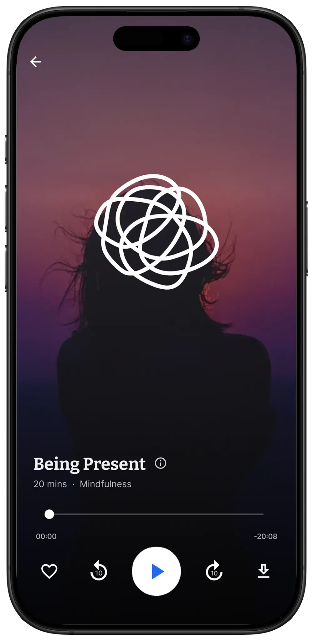Phone showing a guided meditation playing in the DTM app