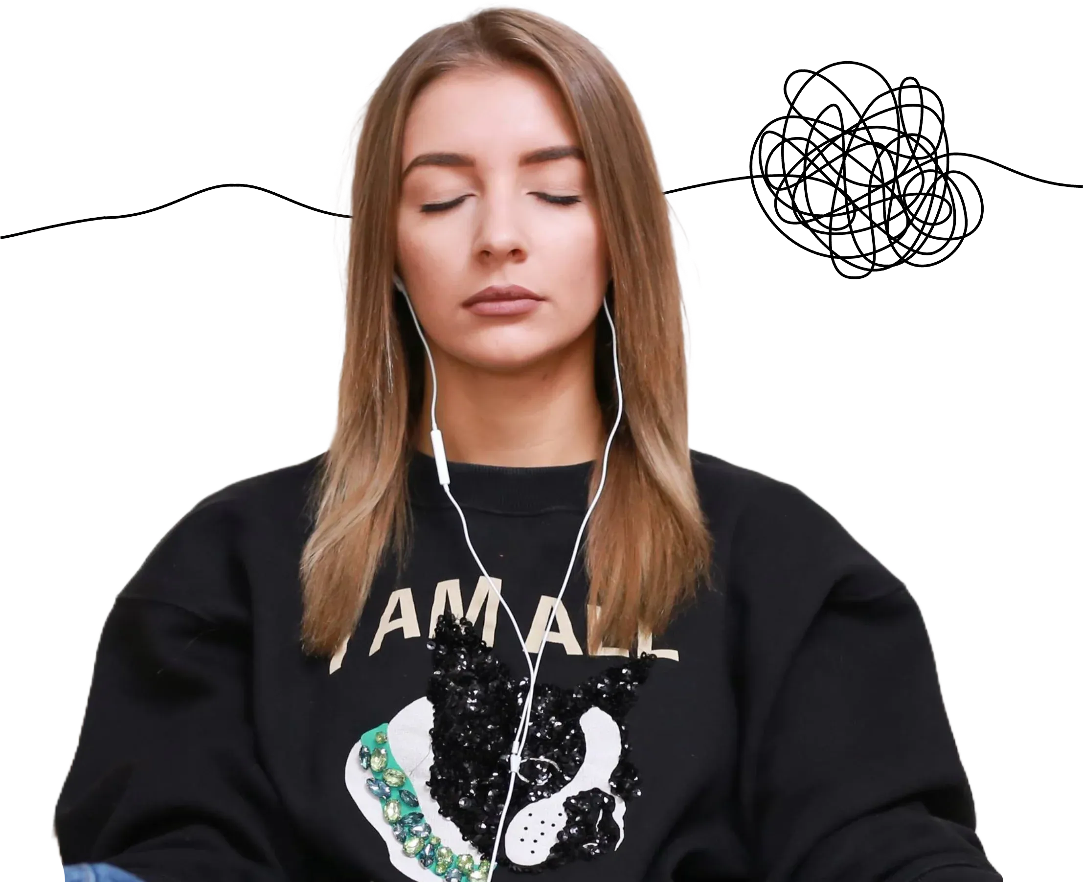 Person meditating with earbuds, tangled thoughts unraveling