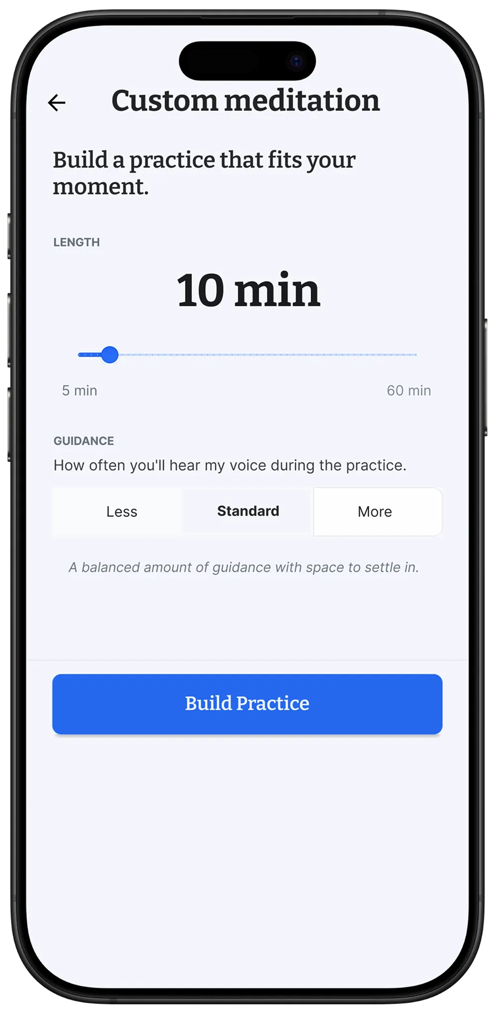DTM Custom Meditation screen. Length slider, guidance picker, Build Practice button