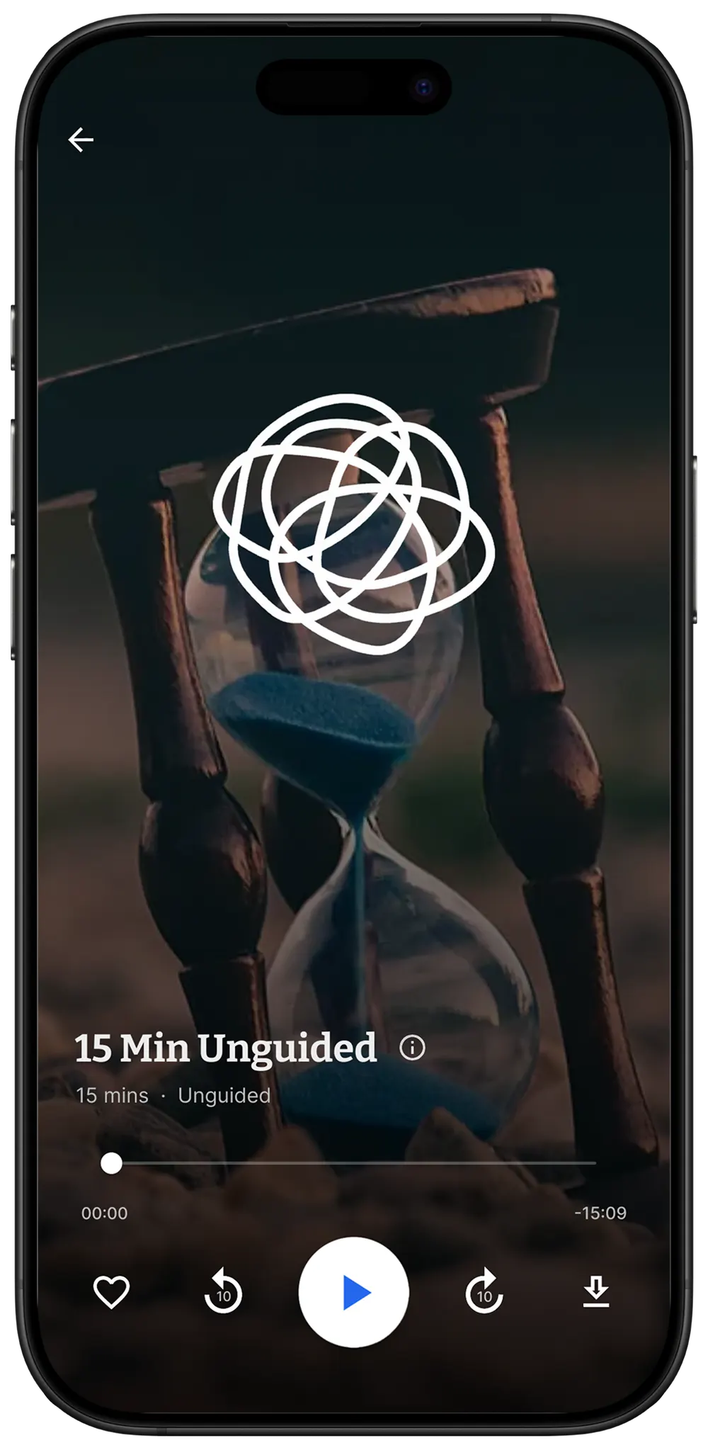 DTM unguided timer playing. Full-bleed dark backdrop with circular progress