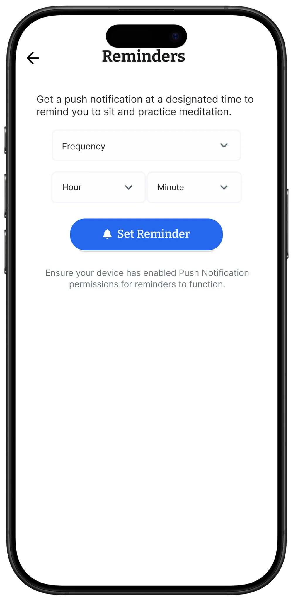 DTM Reminders screen. Frequency, hour, minute, and Set Reminder