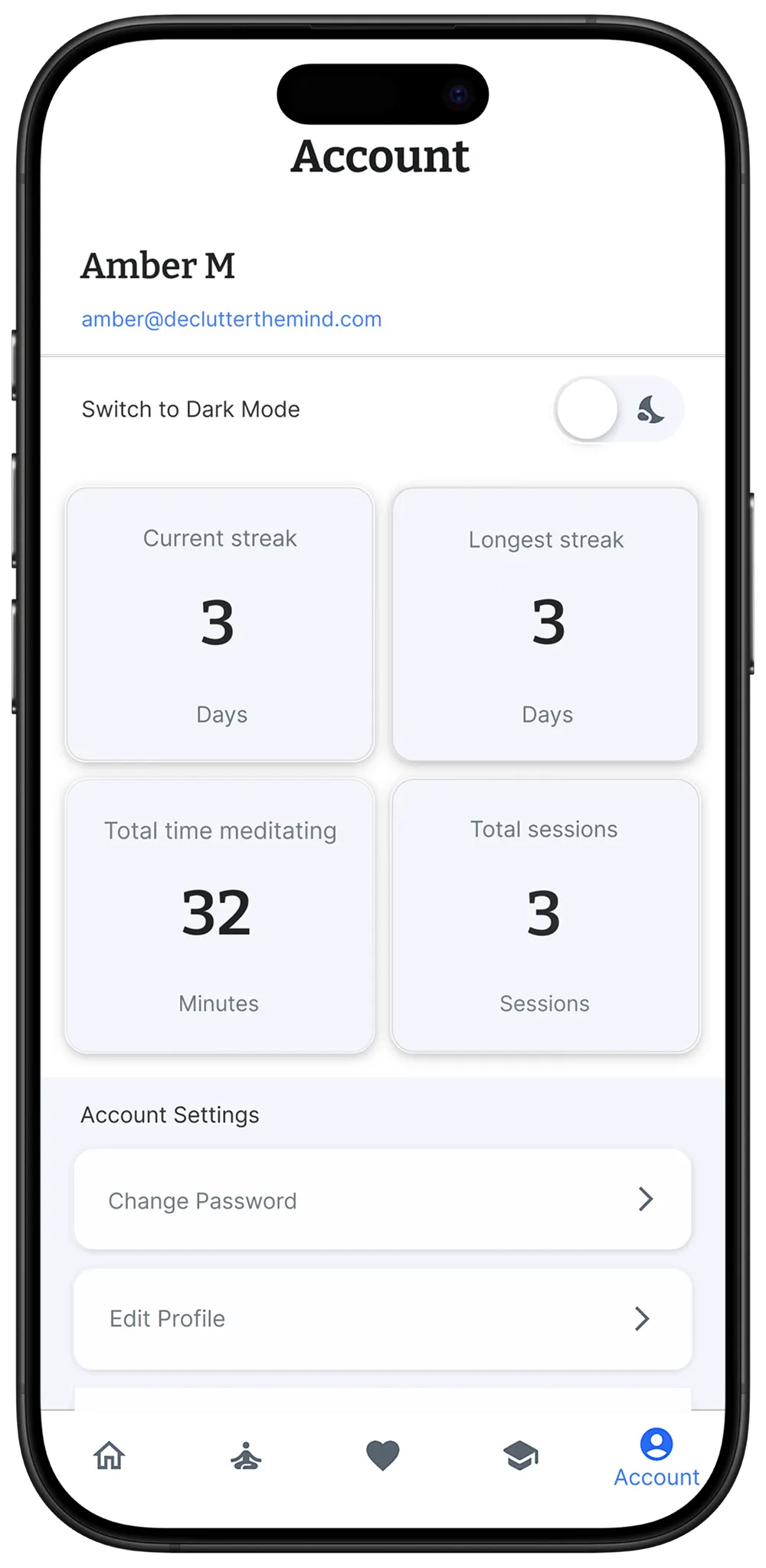 DTM Account screen. Current streak, longest streak, total time, total sessions