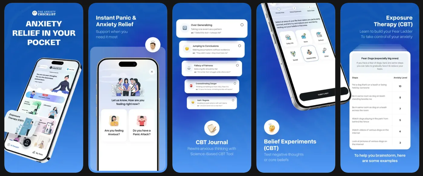 Declutter The Mind and Anxiety Checklist app screens for anxiety relief