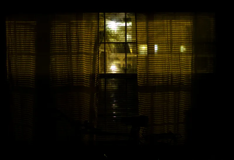 A quiet night-time view through a window into the dark