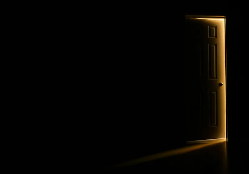 A door edged with warm golden light in a dark room, suggesting one clear choice ahead