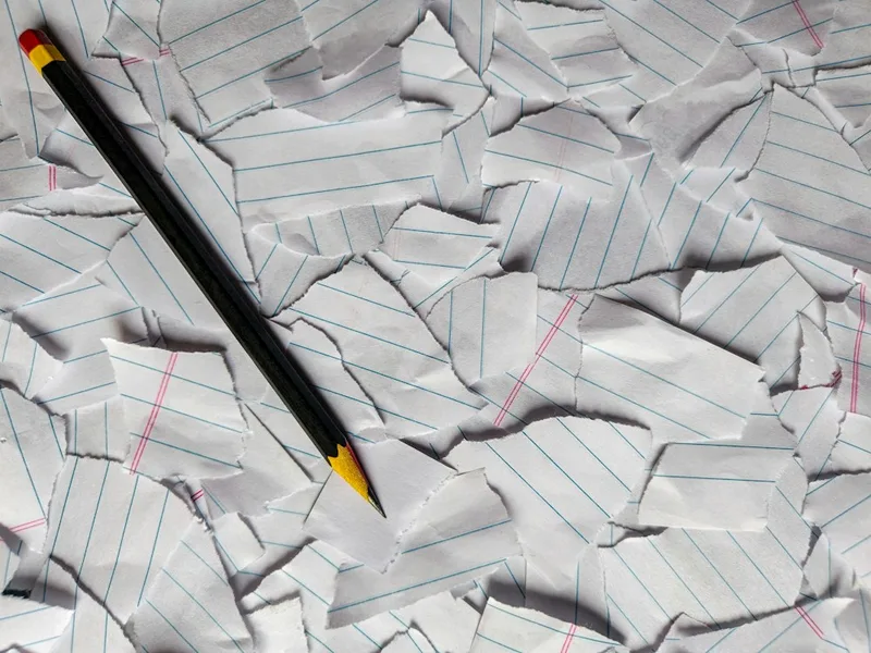 Scattered torn scraps of lined paper with a single pencil, suggesting a cluttered, overloaded mind