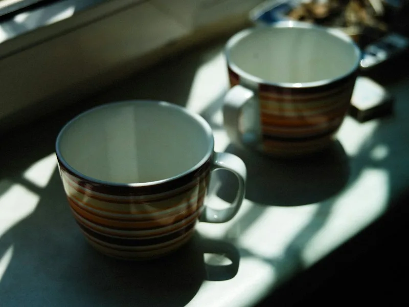 Two striped mugs resting in soft window light