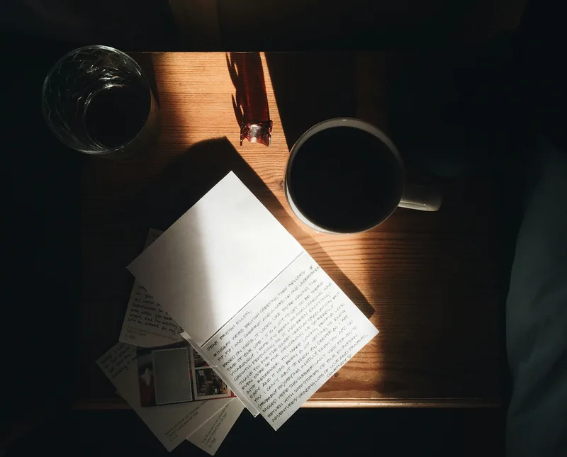 Warm morning light falling across handwritten notes and a cup of coffee on a wooden table