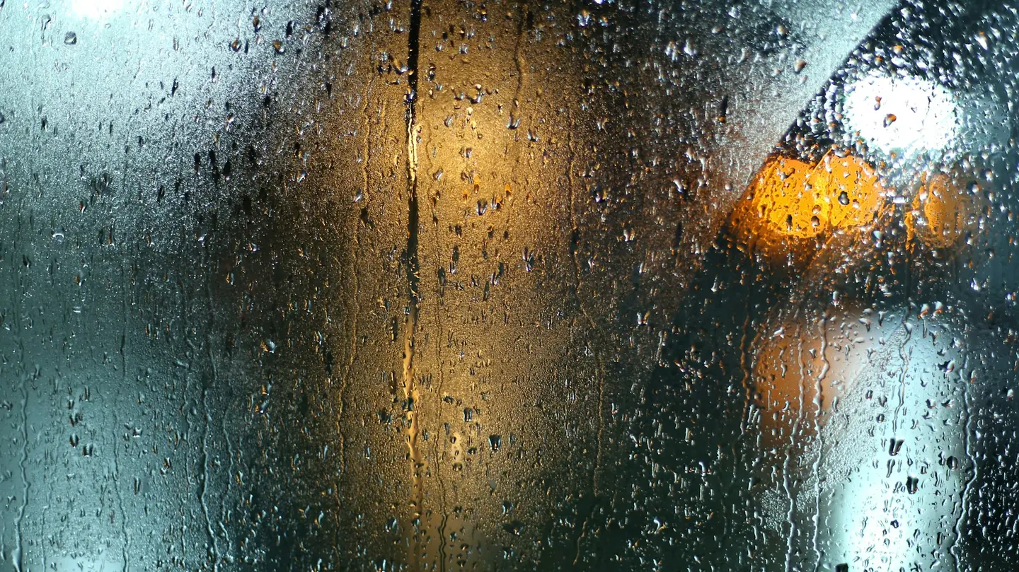 Rain running down a window with a soft blurred light beyond it, evoking a muffled, distant feeling.