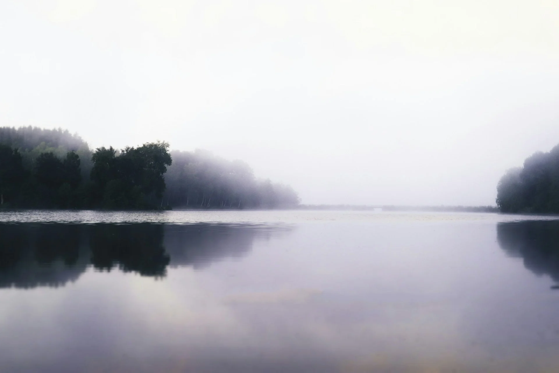 Soft morning light falling across a calm, still, fog-covered lake.