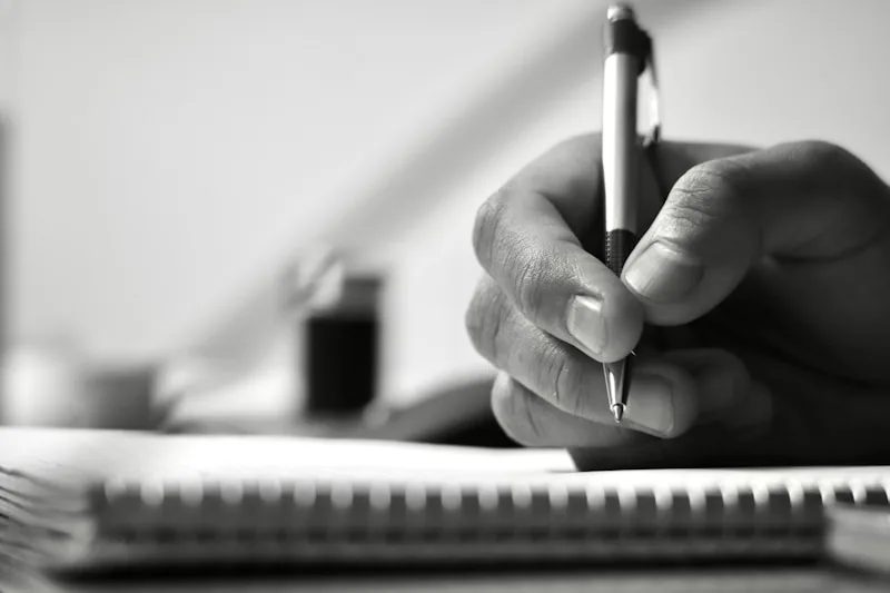 A close-up of a hand writing in a notebook with a pen, calm and undistracted