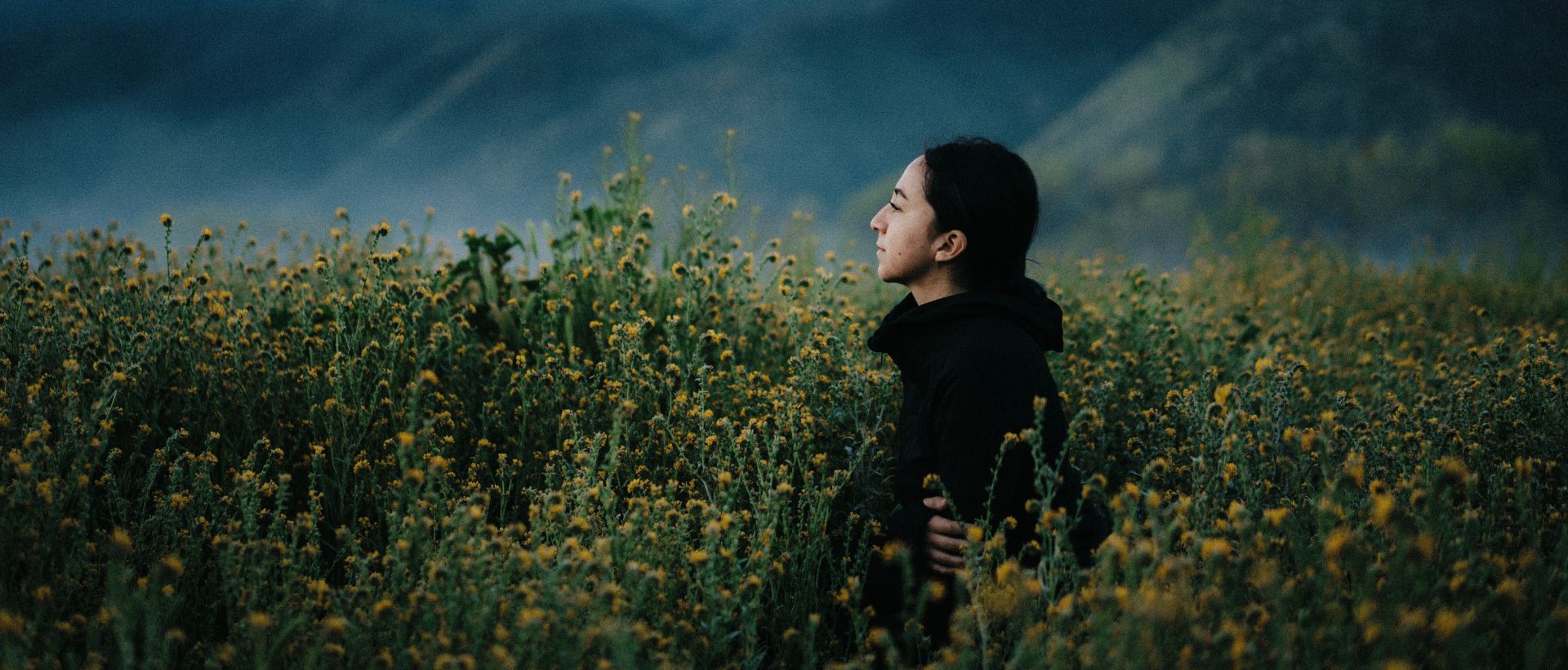 a woman standing in a field of yellow flowers.