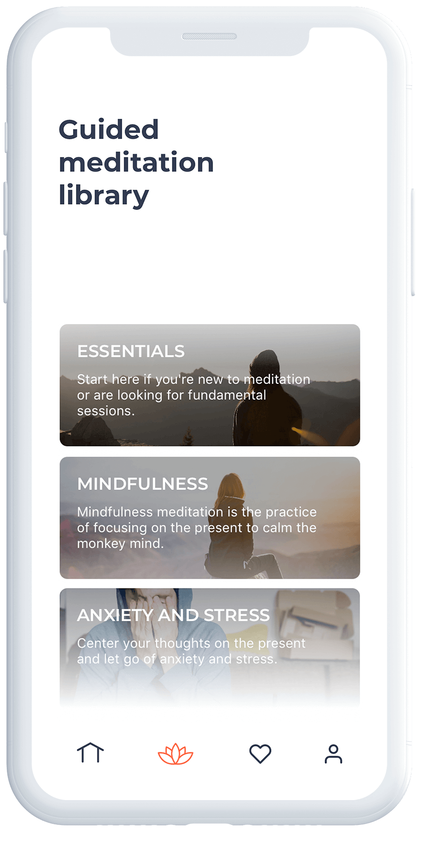 the guided meditation library app on an iphone.