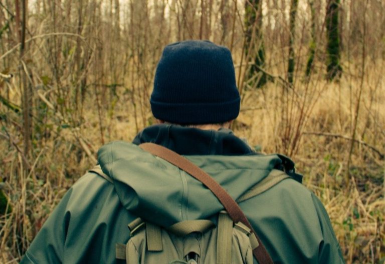 a person with a backpack walking through a forest.