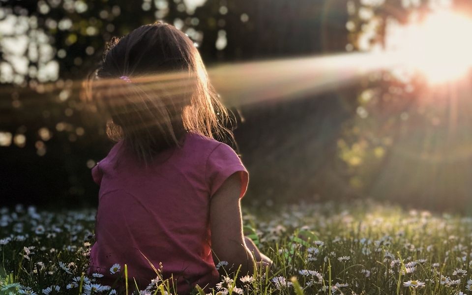 Child looking at a sunset in a field of flowers