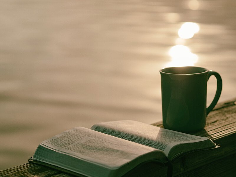 Book and mug in front of sunset