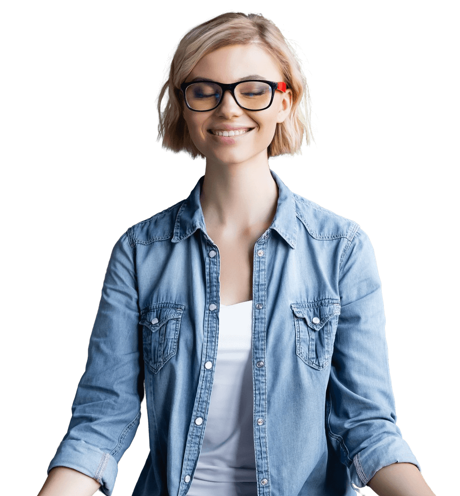 a woman wearing glasses and a denim shirt.