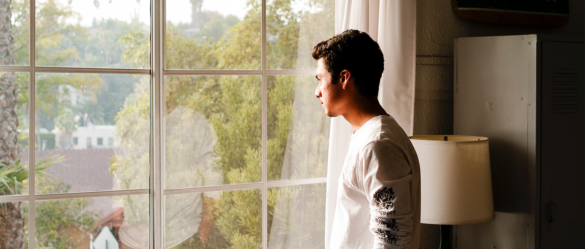 a man looking out of a window at a tree.